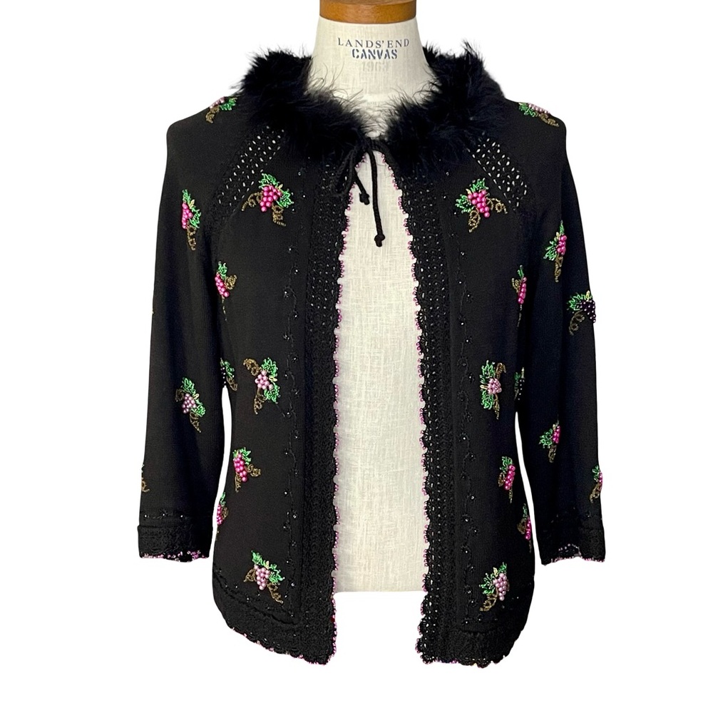Just Be Black Beaded Faux Fur Collar Open Cardigan Sz S-M Tassel Tie Closure